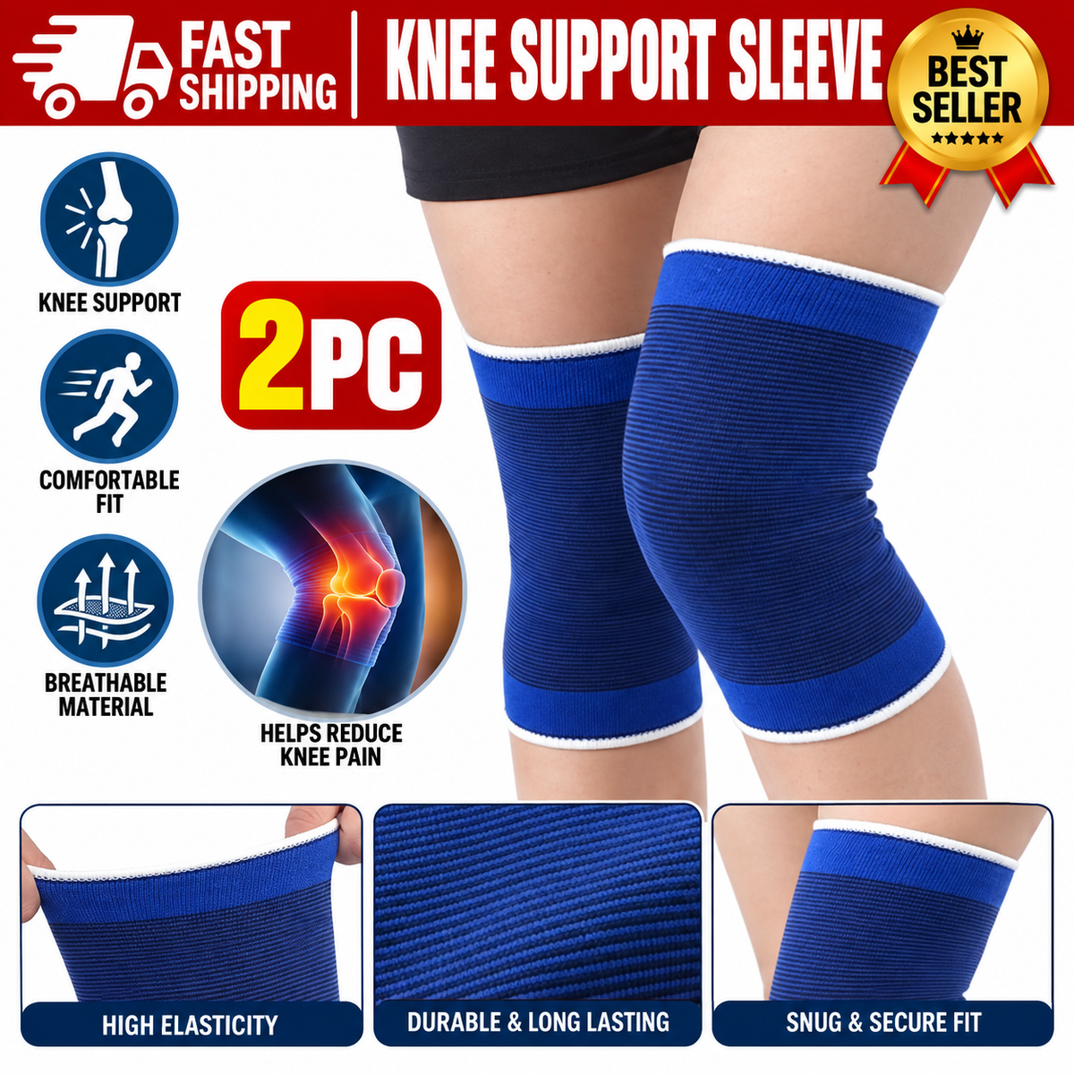 Knee Support Brace 2PCS | Elastic Knee Compression Sleeve | Sports & Work Knee Protector | Polyester Cotton | Blue