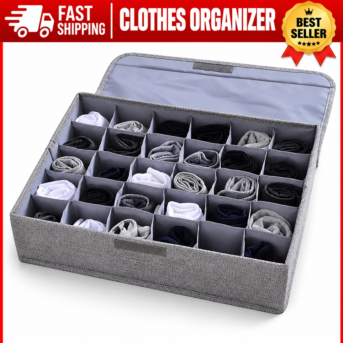24-Cell Underwear & Sock Organizer Box with Lid – Foldable Closet Drawer Storage Divider