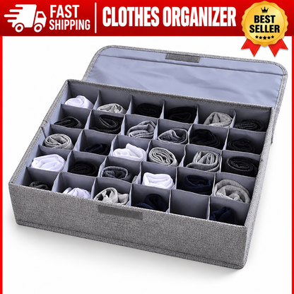 24-Cell Underwear & Sock Organizer Box with Lid – Foldable Closet Drawer Storage Divider