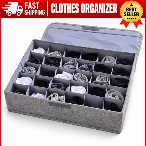 24-Cell Underwear & Sock Organizer Box with Lid – Foldable Closet Drawer Storage Divider