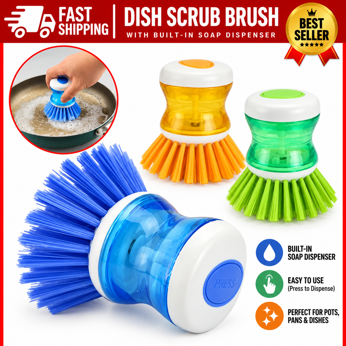 Dish Washing Brush with Soap Dispenser | 3-in-1 Kitchen Cleaning Brush | Durable Dish Scrubber | Blue, Orange & Green