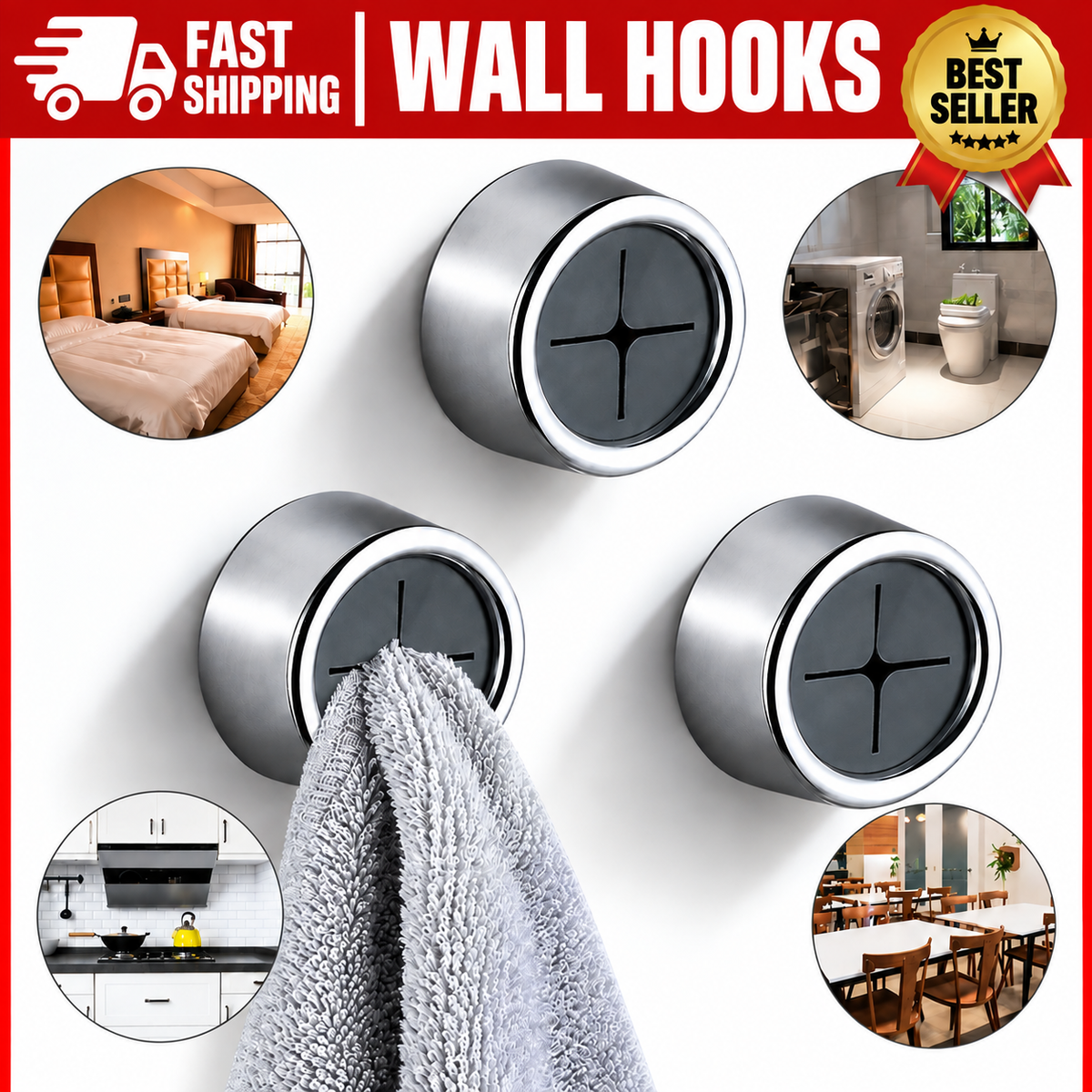 3PCS Dishcloth Clips Self Adhesive Wall Hooks Towel Gloves Holder Kitchen White
