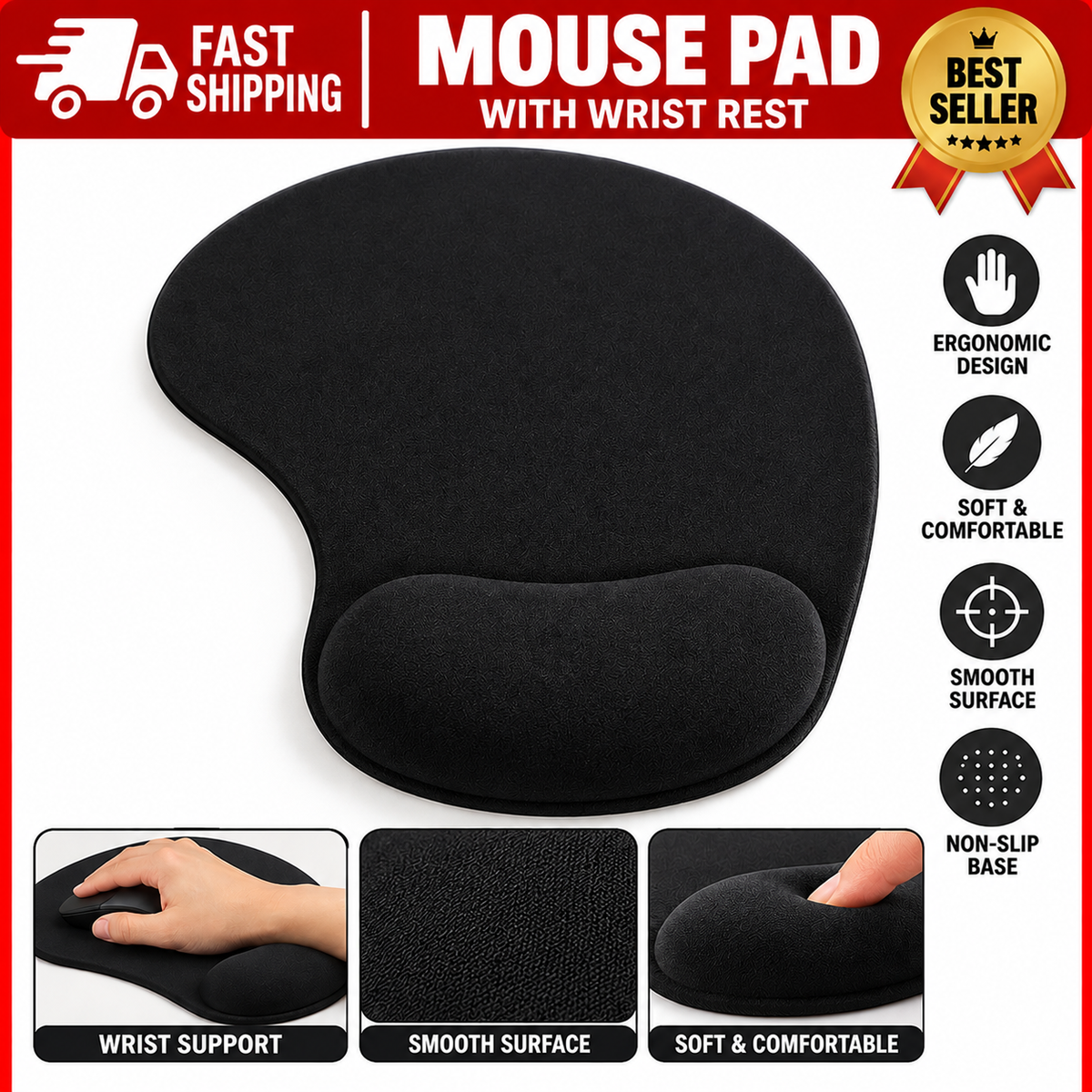 Ergonomic Mouse Pad with Wrist Rest | Comfortable Wrist Support Mouse Mat | Non-Slip Base | Black & Blue