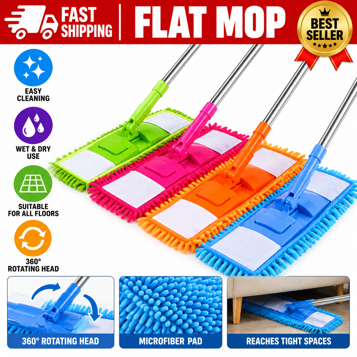 Flat Microfiber Floor Mop | Wet & Dry Floor Cleaning Mop | Washable Dust Mop with Telescopic Handle | Tile, Marble, Wood & Laminate