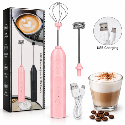 USB Rechargeable Milk Frother 3 Speed Electric Hand Whisk Coffee Mixer 2 Heads