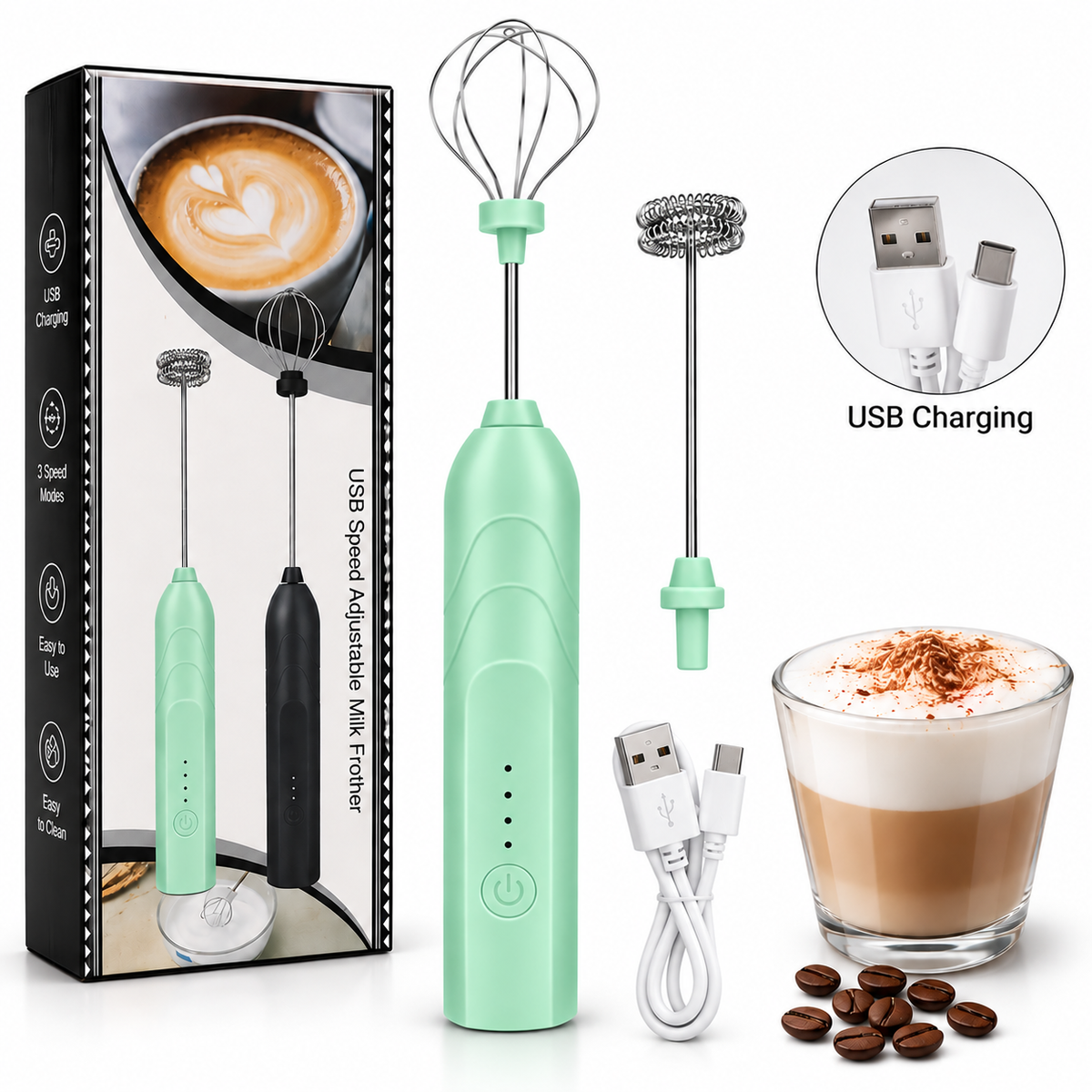 USB Rechargeable Milk Frother 3 Speed Electric Hand Whisk Coffee Mixer 2 Heads