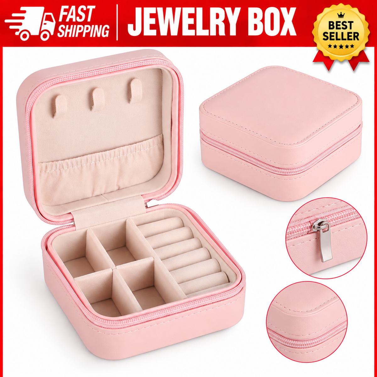 Leather Travel Jewelry Organizer Box for Women – Portable Jewelry & Hair Accessories Storage Case – Zipper Closure
