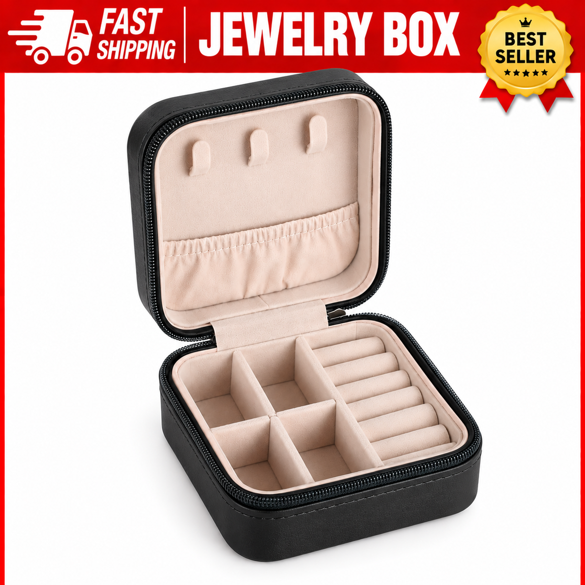 Leather Travel Jewelry Organizer Box for Women – Portable Jewelry & Hair Accessories Storage Case – Zipper Closure