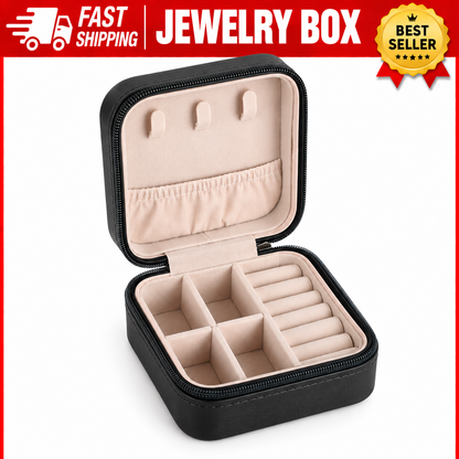 Leather Travel Jewelry Organizer Box for Women – Portable Jewelry & Hair Accessories Storage Case – Zipper Closure