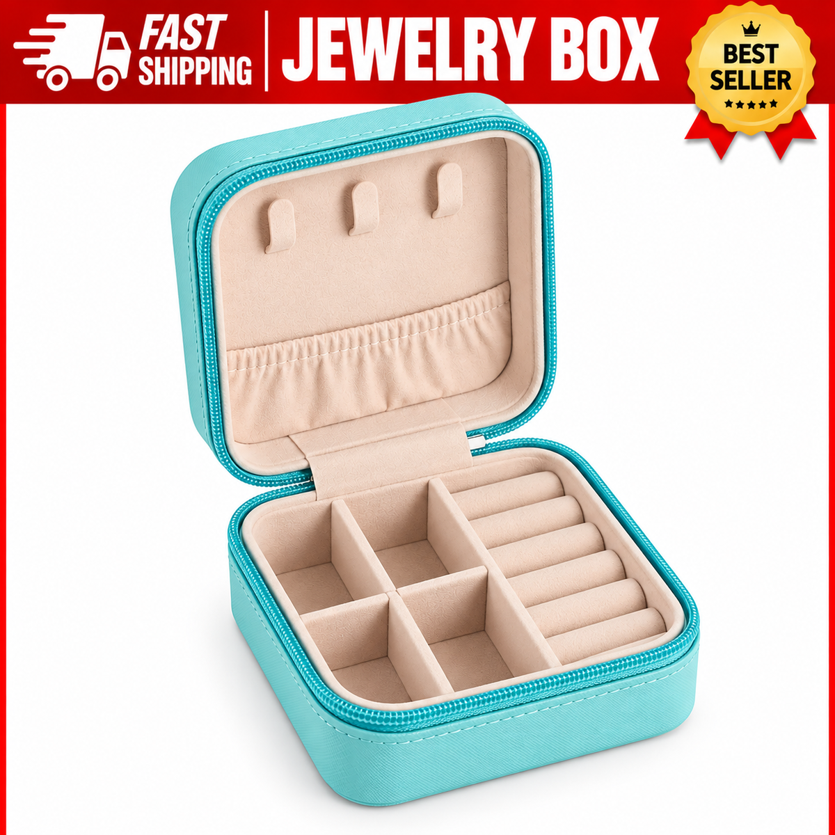 Leather Travel Jewelry Organizer Box for Women – Portable Jewelry & Hair Accessories Storage Case – Zipper Closure