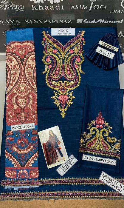 3 Pcs Women's Unstitched Khaddar Embroidered Suit